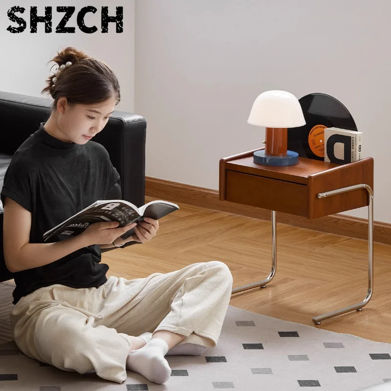Scandinavian Bedside Table Solid Wood Floating Side Table Minimalist Storage Cabinet with Drawer Organizer for Bedroom Furniture
