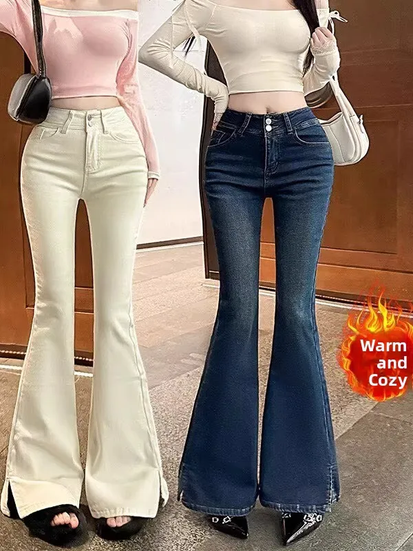 

Женские джинсы-клеш с высокой талией, осенне-зимние, теплые, из выцветшего хлопкового стрейч-денима, с двойной отделкой, облегающие, микро-клеш