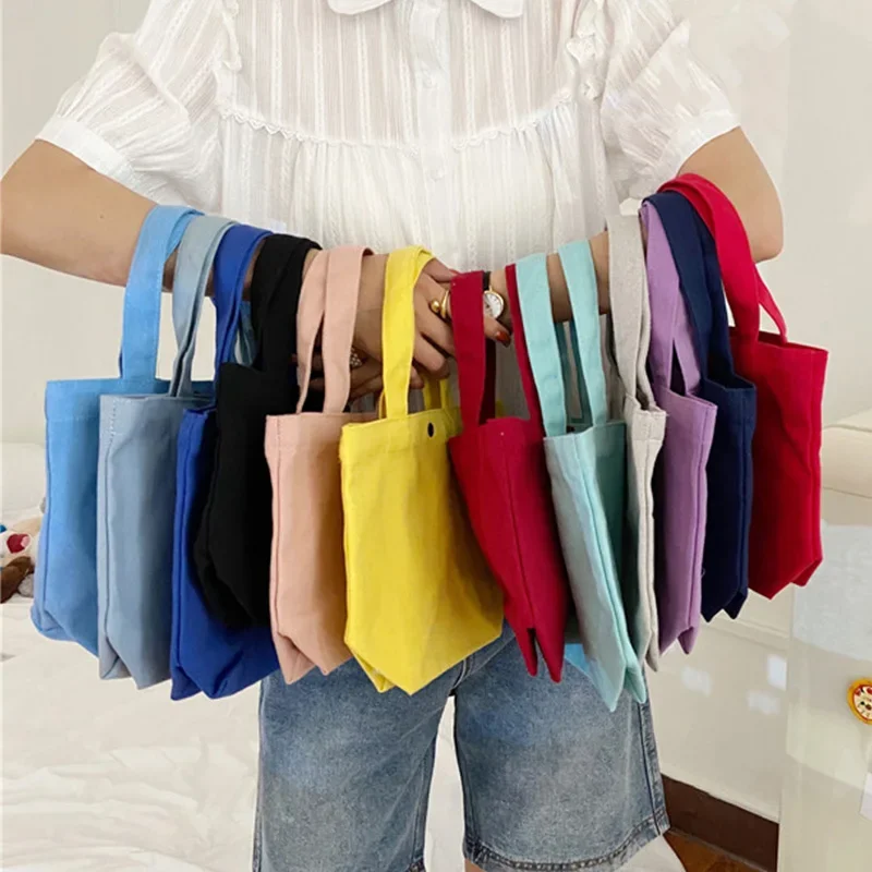 

Canvas Bag Simple Women Shoulder Bag Foldable Picnic Pouch Small Tote Black Shopper Large Capacity Student Lunch Box Solid Color