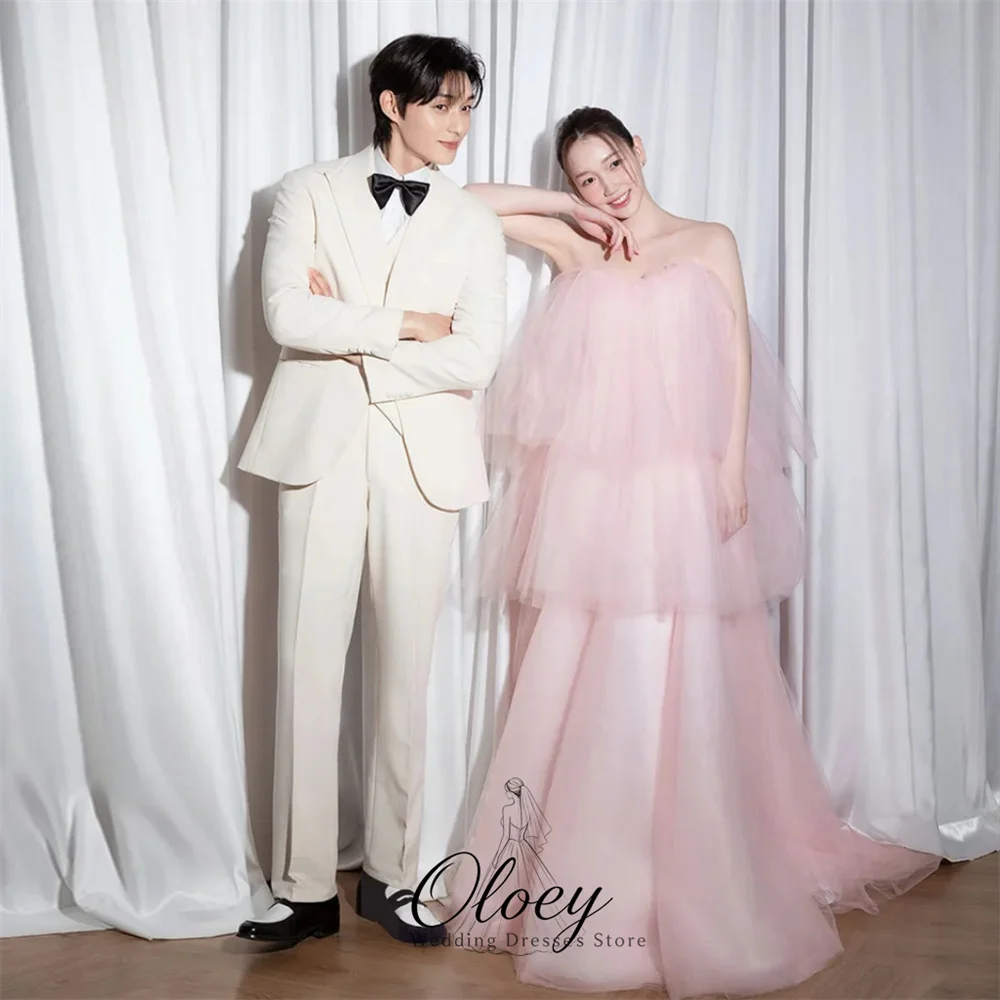 OLOEY Modern Pink Sweetheart Collar Tulle Korea Wedding Photo Shoot Dress Sleeveless Tiered A-Line Customized Reception Dress