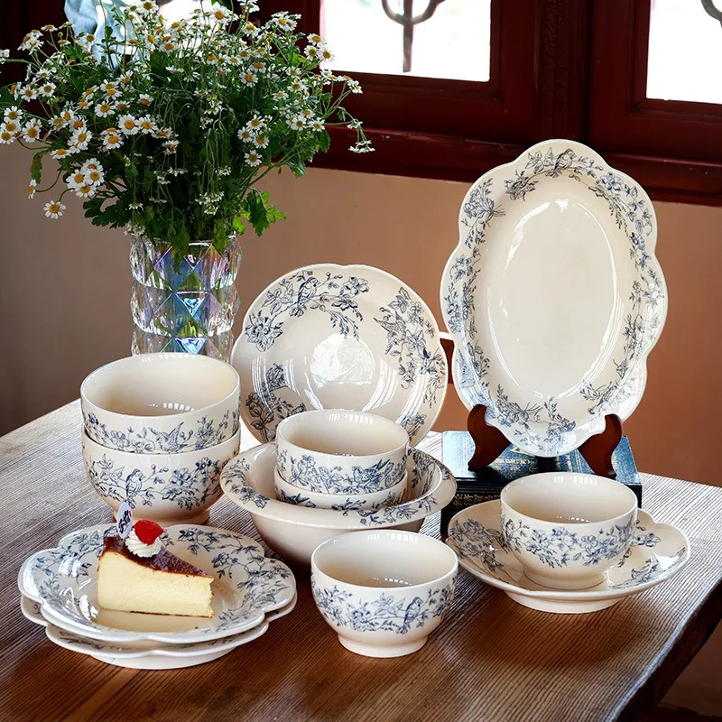 Japanese-style Blue and White Porcelain Bowl Creative Blue Flower Ceramic Dessert Plate Retro Tableware Household Kitchenware
