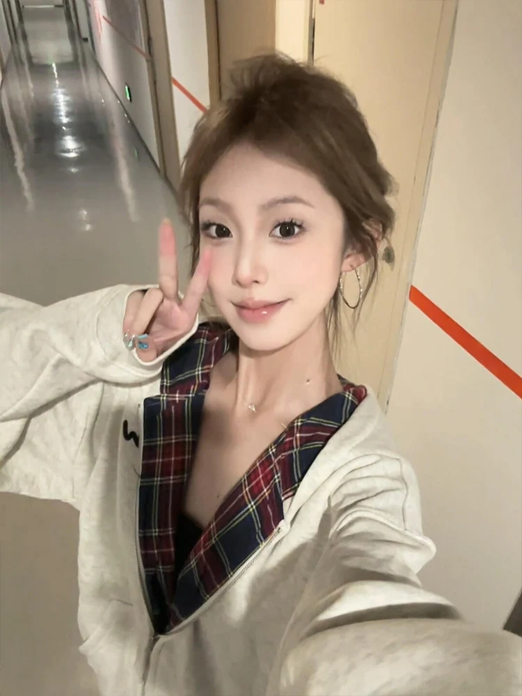 

American Retro Grey Plaid Hooded Open Cardigan Sweatshirt Jacket Women's Spring Autumn Oversize Trendy High-End Feeling Top