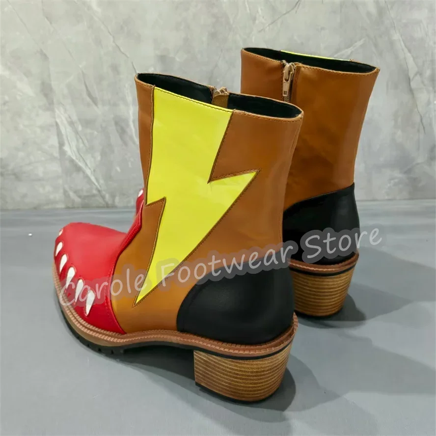 

Monster Teeth Design Male Mixed Color Leather Boots Side Zipper Chunky Heel Mid-Calf Boots Outside High Top Casual Shoes for Men