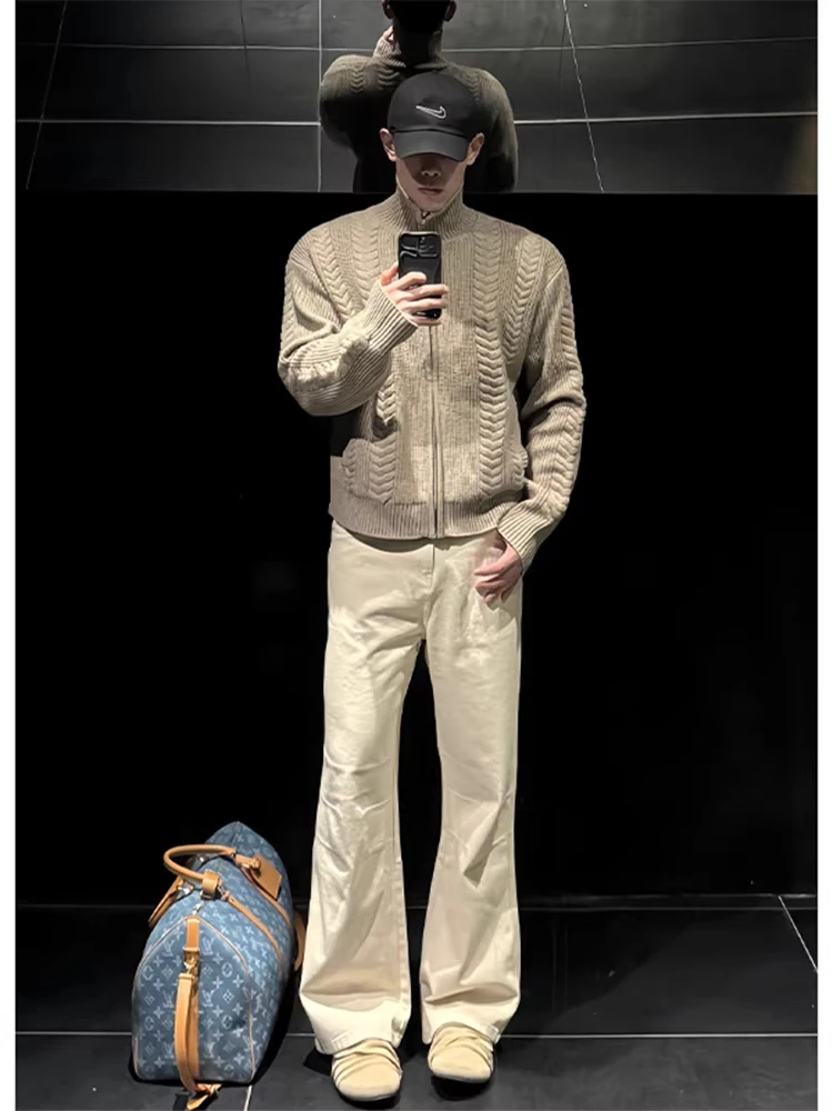 

Men's Zipper Knitted Sweater Winter Lazy Old Money Sle High-End Sense Wheat Spike Stripe Stand Collar Cardigan Outerwear