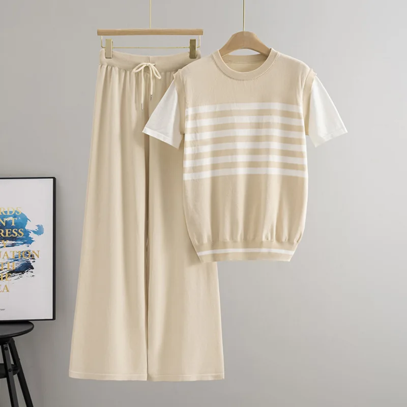 

Повседневная свободная полосатая искусственная вязаная футболка из 2 предметов + брюки на эластичной талии на шнуровке, комплект из 2 предметов, весенне-летний женский костюм, новинка