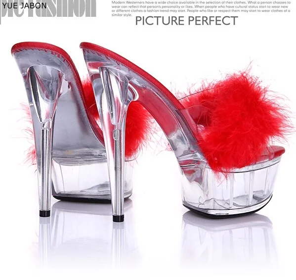 

Red White Fur Summer Shoes Woman Platform Sandals Transparent Crystal Ultra High Heels 15cm Platform Sandals Appeal Slippers