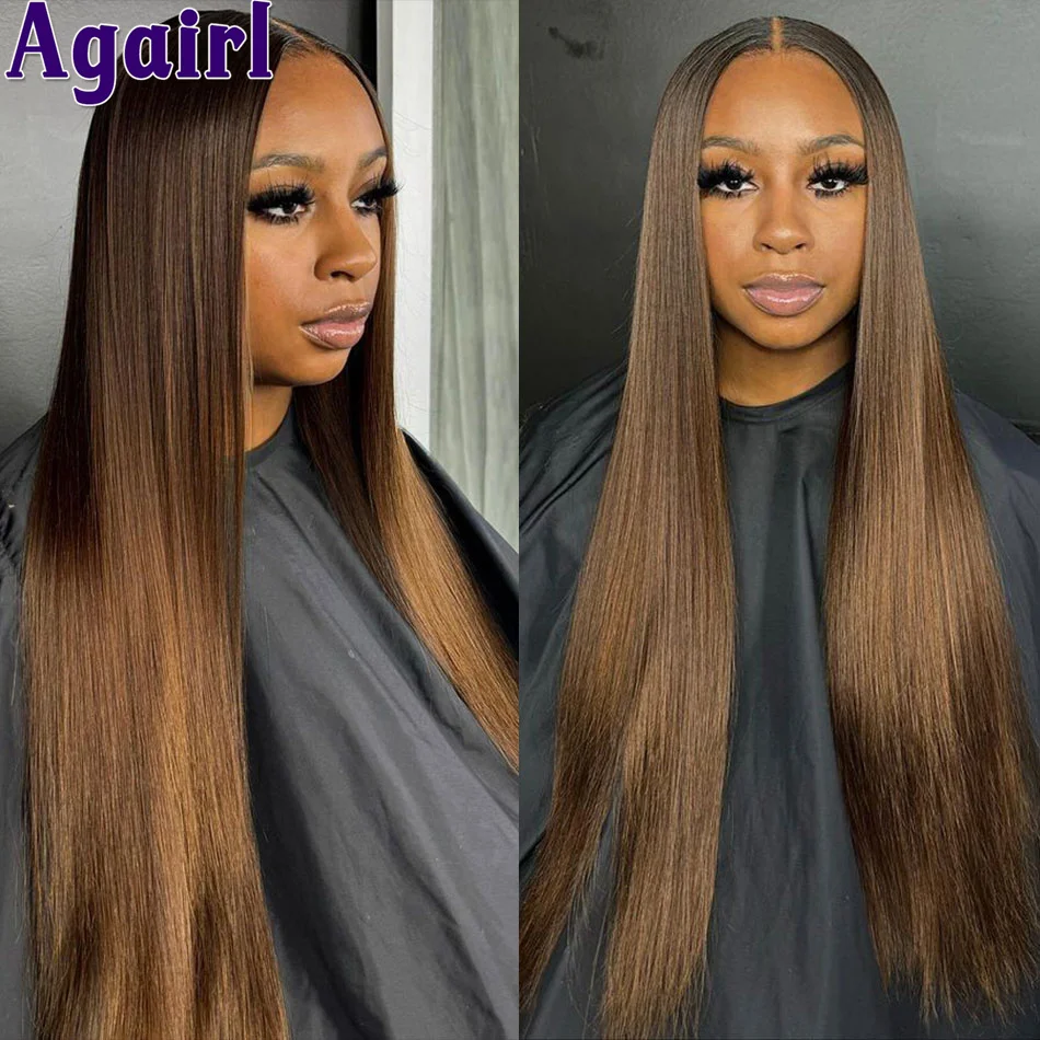 

30 32Inch Ready Go HD Lace Frontal Straight Human Hair Wigs for Women Ombre Brown 180% PrePlucked Brazilian 6X4 Lace Closure Wig