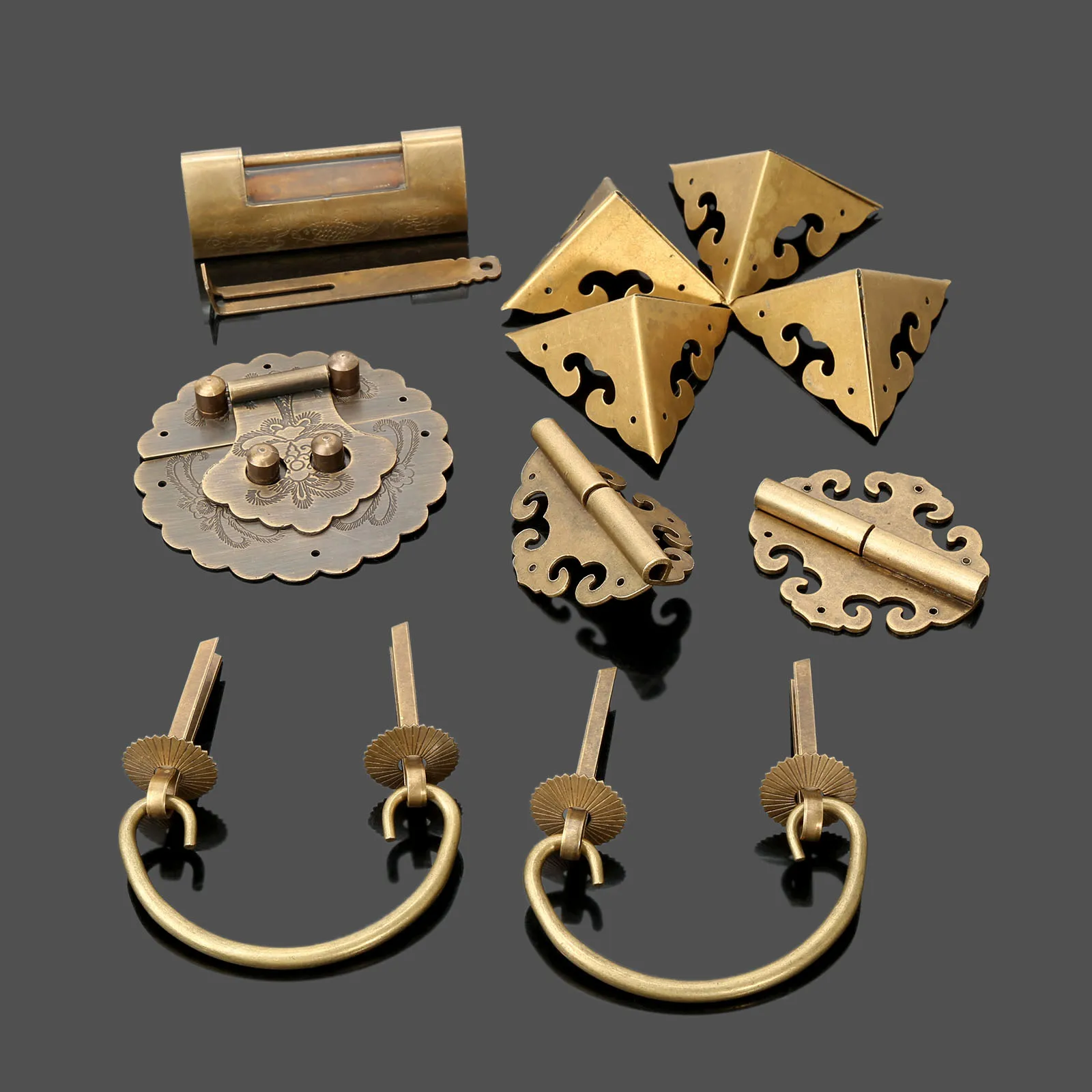 

Brass Furniture Hardware Set Chest Hinge Trunk Latch Lock Wooden Box Handle Pulls Knob Corner Brackets Plate Protector and Nails