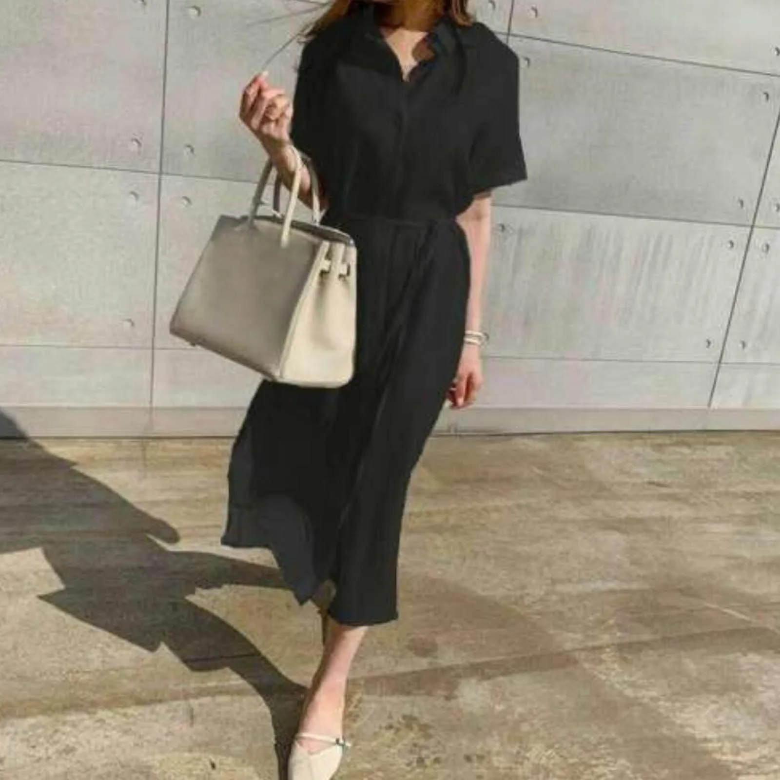 2024 Solid Color Casual Dress Korean Version Minimalist Loose Lace Up Waist Single Breasted Short Sleeved Shirt Dress For Women