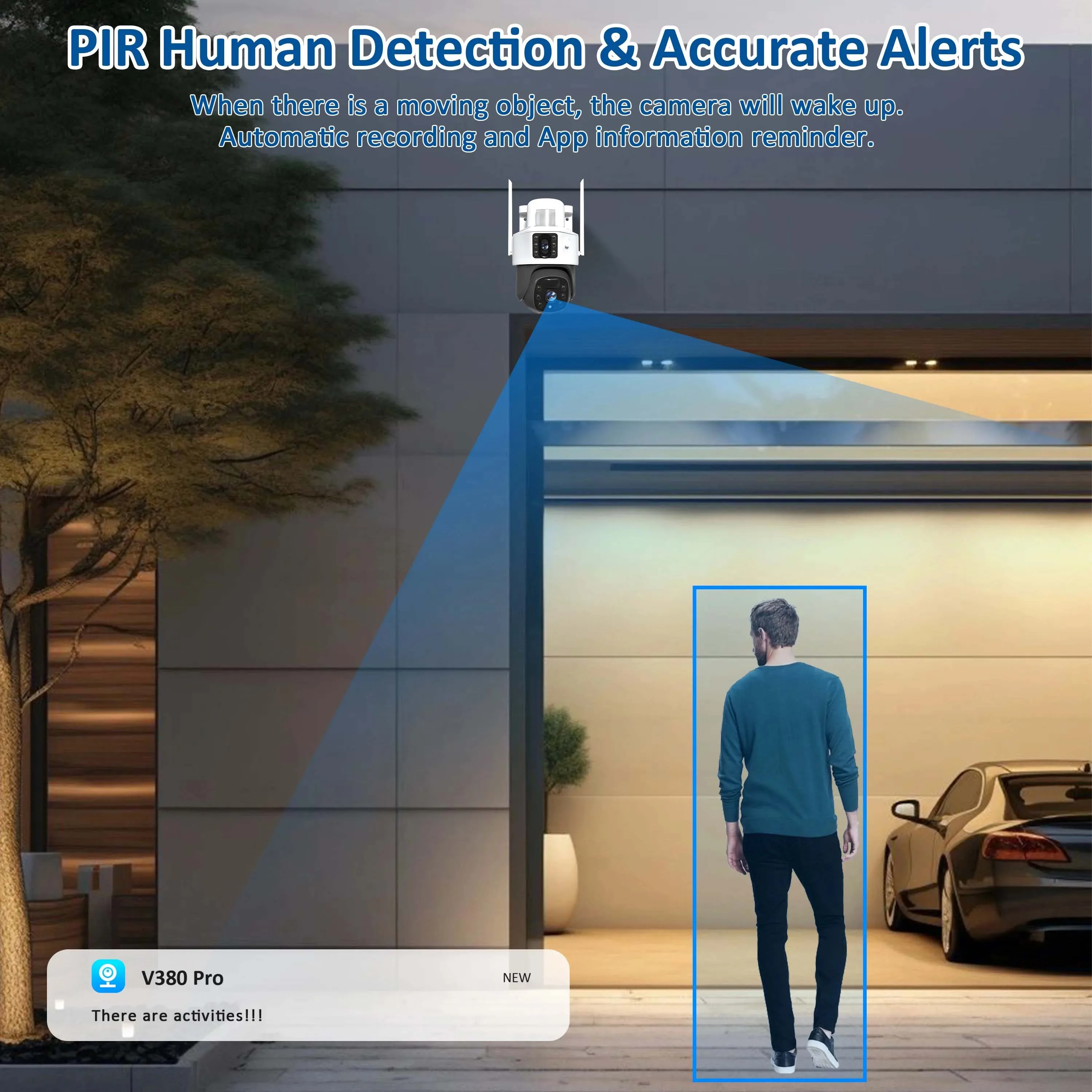 كاميرا IP للأمن بالطاقة الشمسية بدقة 4K بدقة 8 ميجابكسل وبطاقة SD سعة 32 جيجا 360 درجة °   عرض كاميرا مراقبة منزلية لاسلكية مقاومة للماء فيديو WIFI خارجية بعدسة مزدوجة