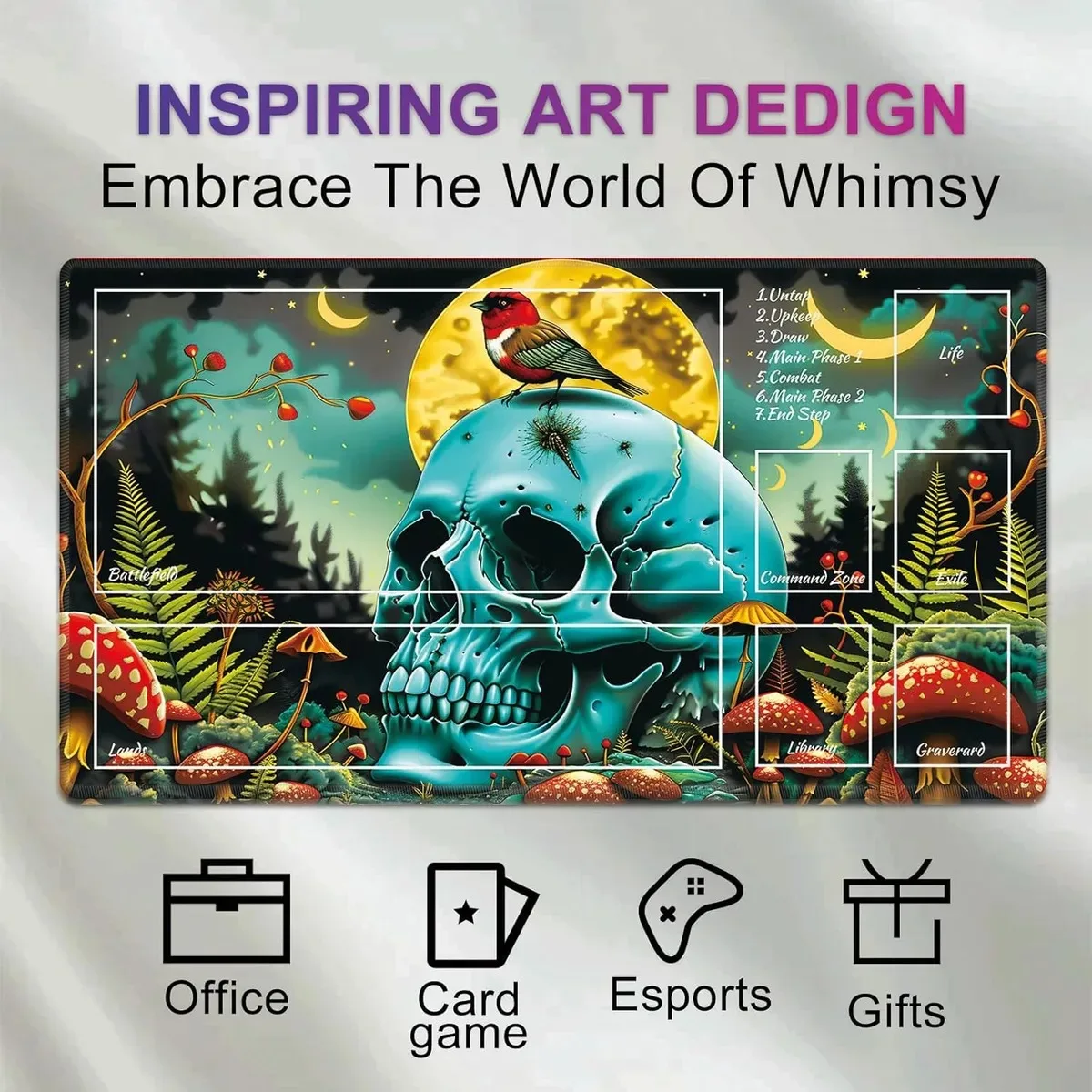 Mushroom Skull Playmat TCG Playmats with Magic Zones Trading Card Game Anime Enthusiasts Non-Slip Protects Cards 14*24in