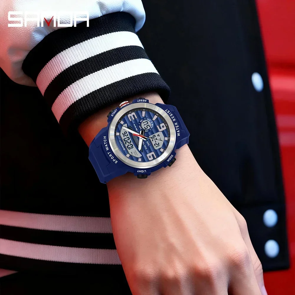 SANDA Multifunction Men Watch Dual Display Waterproof Digital Sport Wristwatch Man Silicone Strap LED Date Quartz Clock view 6