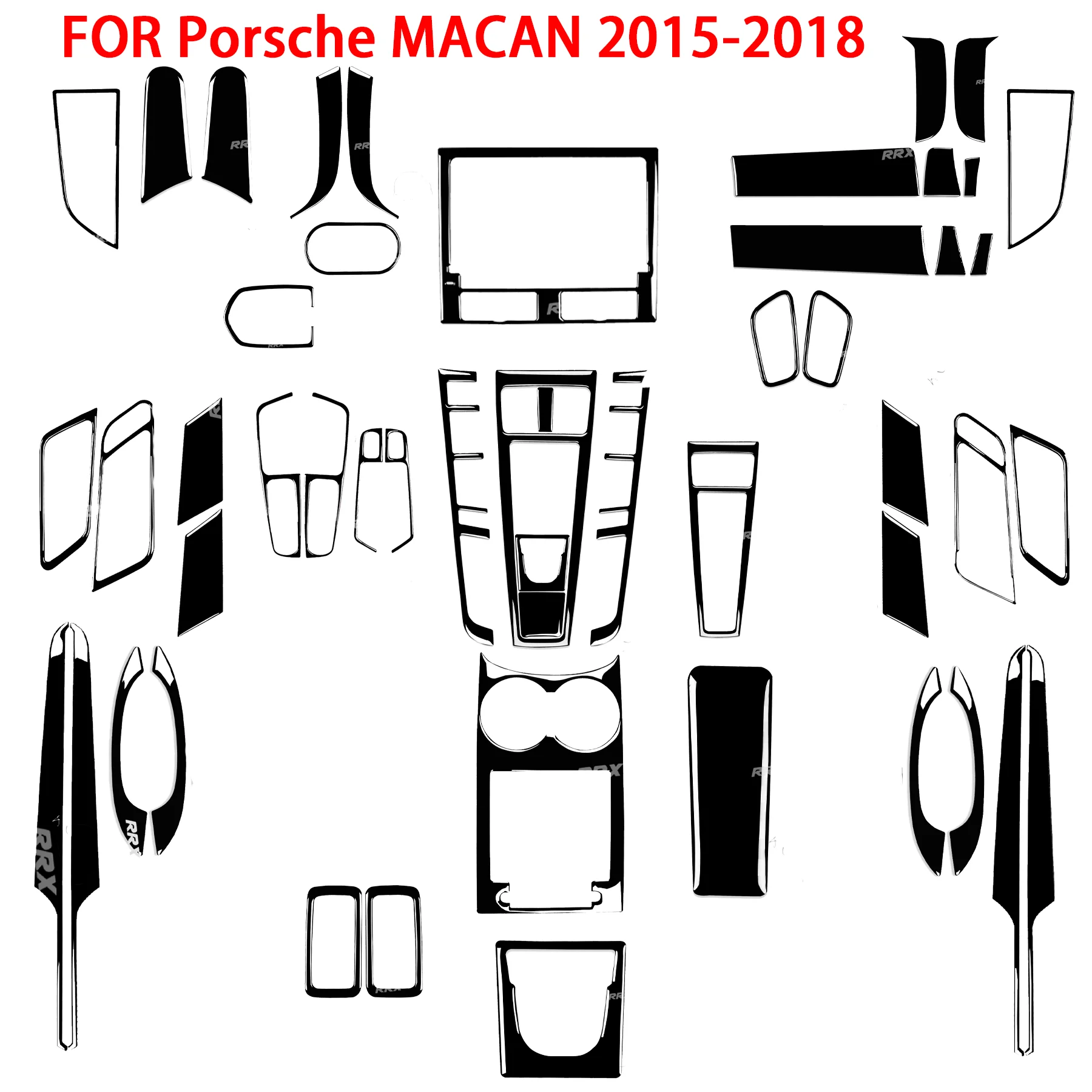 Pour Porsche Macan 2014-2021, autocollant en fibre de carbone véritable noir piano, ensemble complet, garniture de tableau de bord, garniture de porte, décoration intérieure de voiture