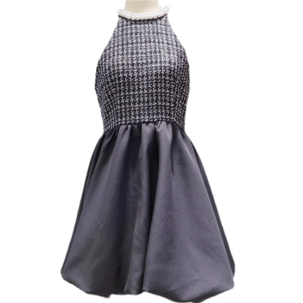 

Tweed spliced neck dress new a line fashion women pearls