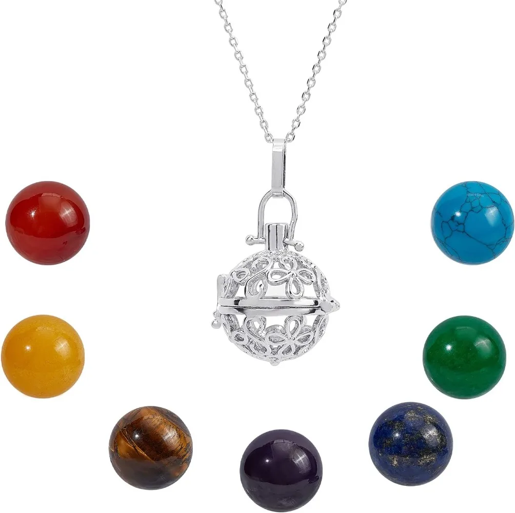 Chakra Necklace 7Pcs Chakra Stone Crystal Gemstone Round Beads 16mm with Hollow Spiral Bead Cage Pendant&24inch Cable making kit