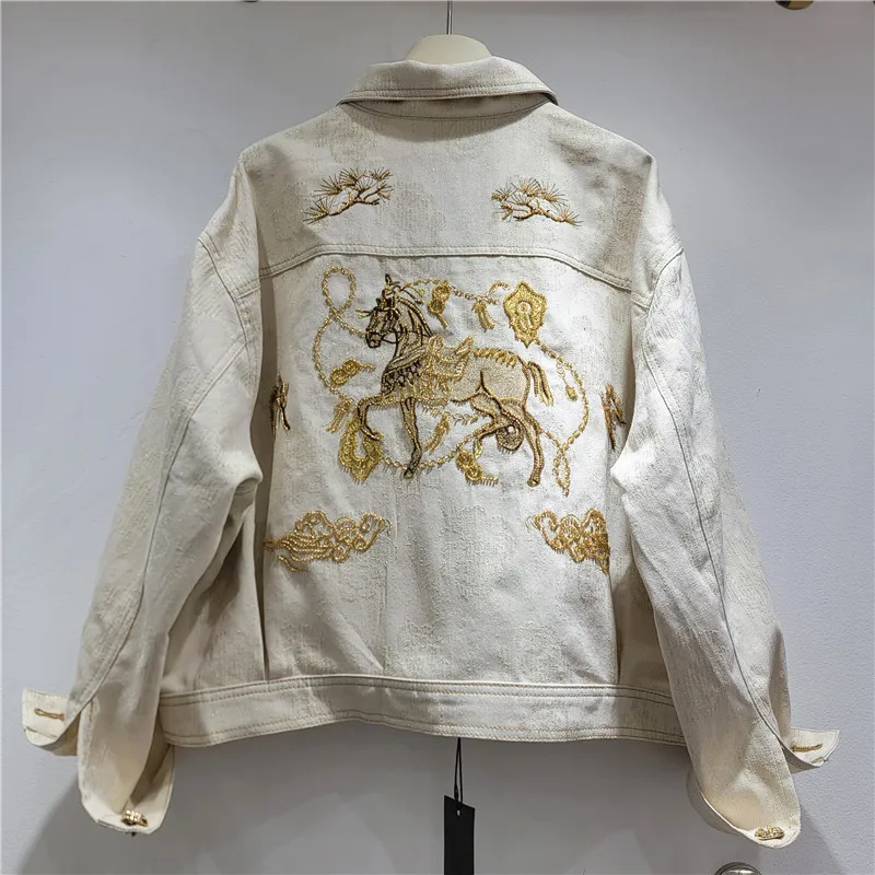 

Heavy Embroider Horse Denim Jacket Outwear for Women 2026 Spring New Arrival Loose Lapel Long Sleeves Tops Short Apricot Coat