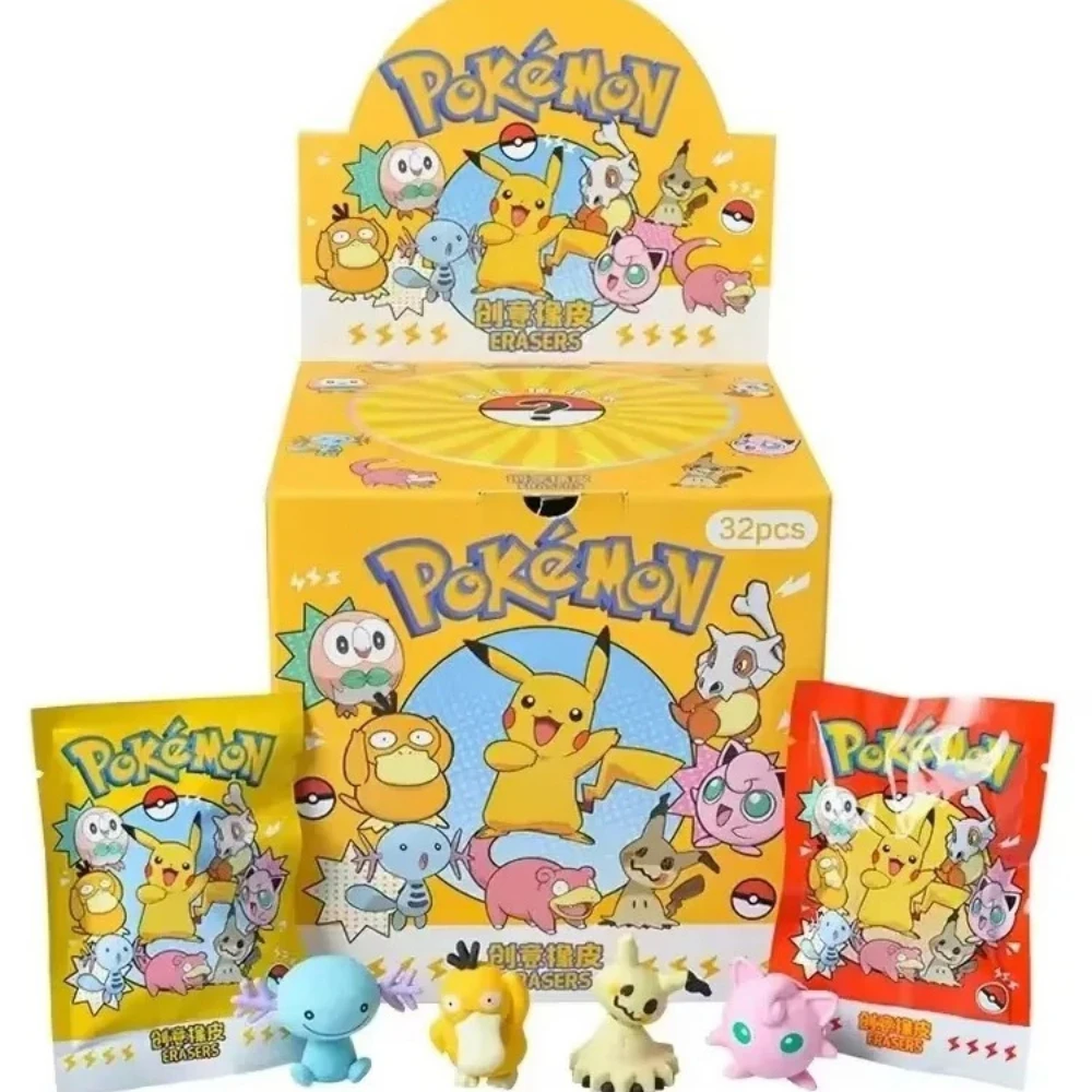 Image of Neu! Heiße 32-teilige Pokémon Pikachu Überraschungs-Radiergummi-Blindbags – Sammelbare Überraschungs-Radiergummis, niedliche Cartoon-Schreibwaren für Preise und Spielzeug