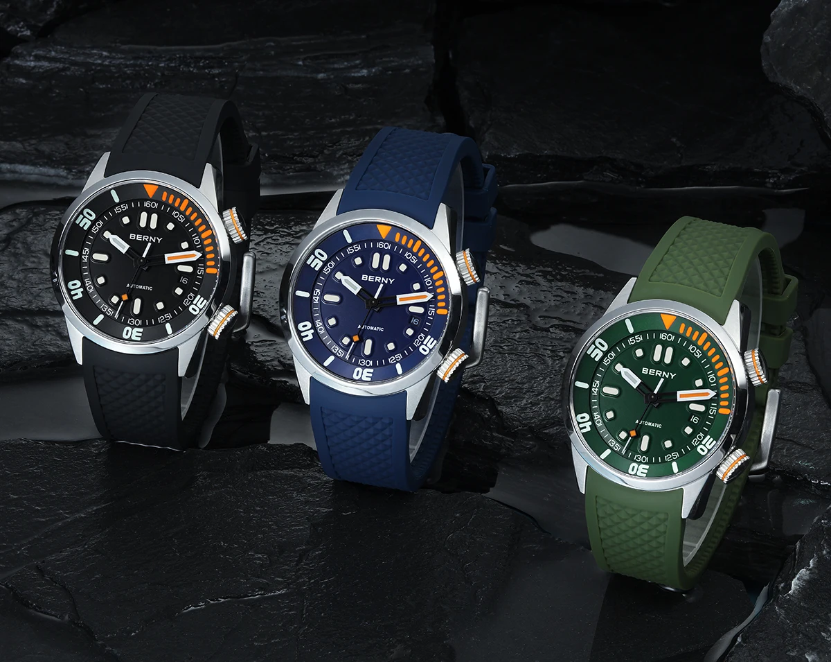 BERNY Automatic Dive Watch for Men Super Luminous 20ATM Diver Wristwatch Original Top Sapphire Swim Sport Mechanical Male Watch