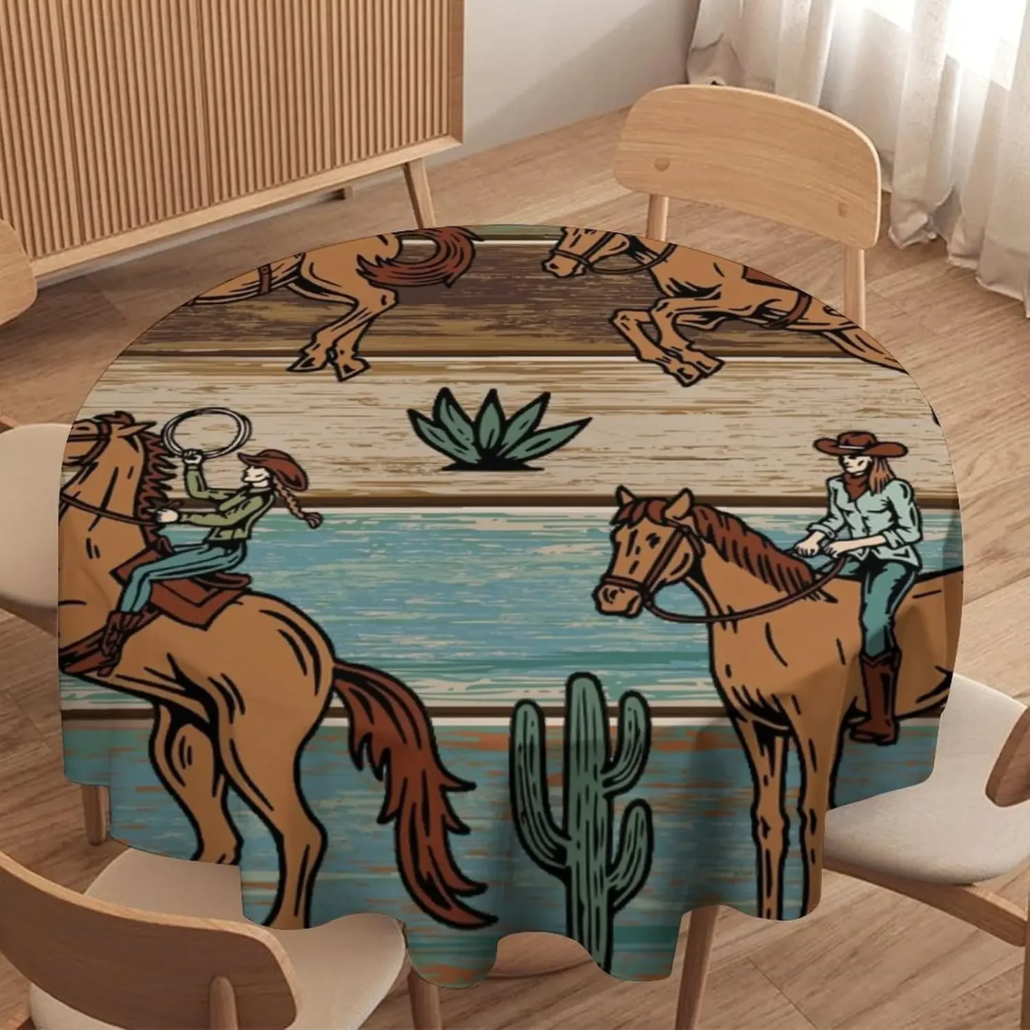 Vintage Western Cowboy Wooden Circle Tablecloth - Cactus Desert Cowgirl Riding Horse Rustic Party Dining Cover