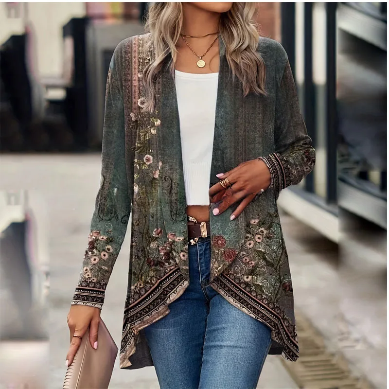 

2023 New Autumn Elegant and Fashionable Plant Printed Cardigan Women's Temperament Commuting Loose Collar Irregular Casual Top