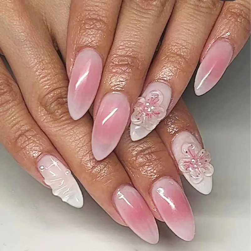 

24Pcs Long Almond Press on Fake Nails with red Smudge 3D flower Design False Nail for woman Datachable Full Cover Nails Tips art