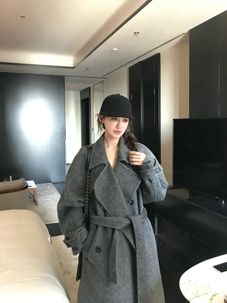 Lady Doppio Petto Yak Capelli Giacche di Lana da Donna 2025 Autunno E Inverno Più Caldo Allentato Lace-Up Lungo Cappotti di Lana da Donna