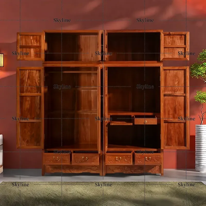 Chinese Style Carved Solid Wood Wardrobe 4 Door Large Bedroom Cabinet Top Box Combination Furniture Golden Rosewood Locker