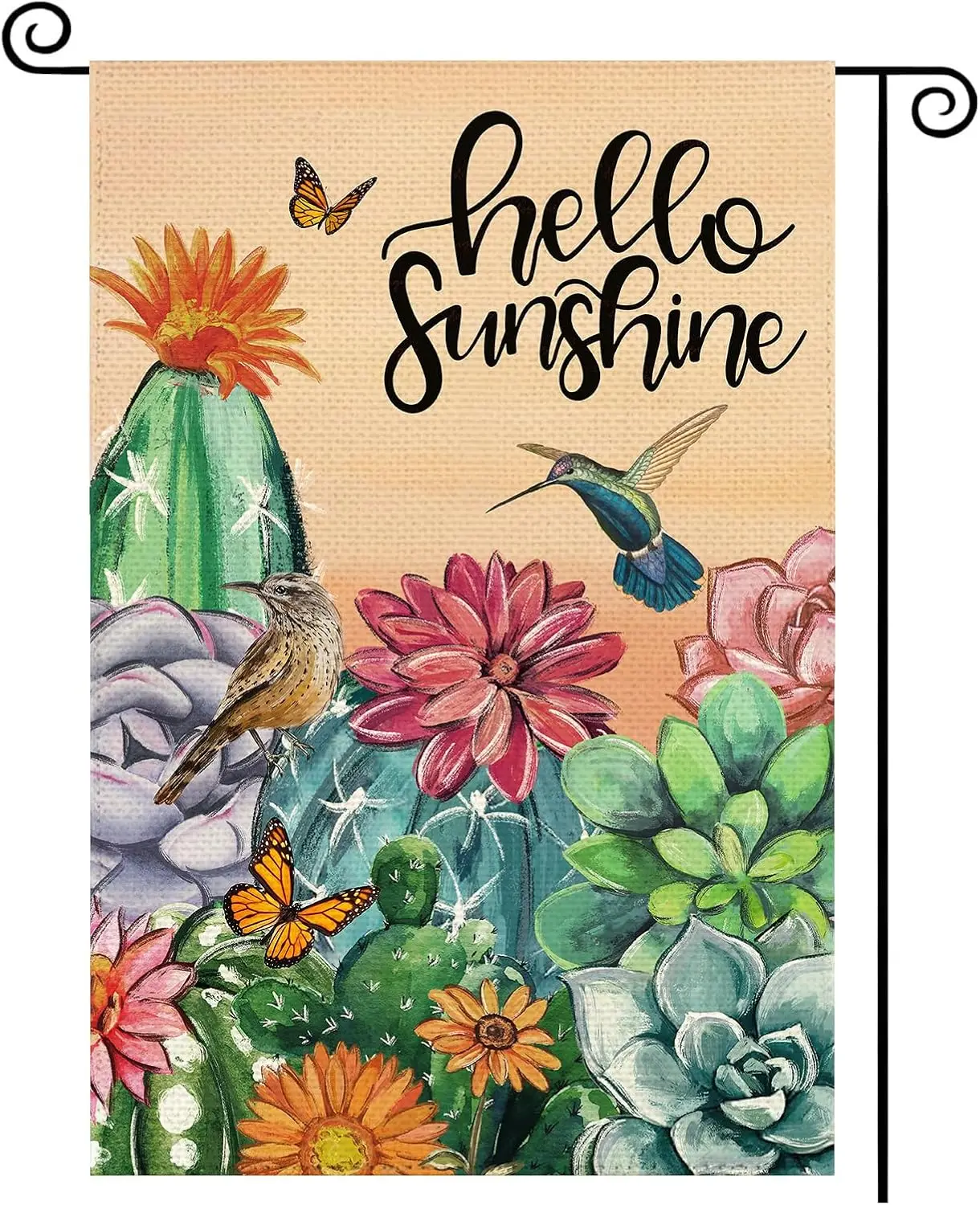 Spring Summer Hello Sunshine Cactus Garden Flag 12 x 18 Inch Double Sided, Hummingbird Succulents Flowers Burlap Small Yard  ZZM