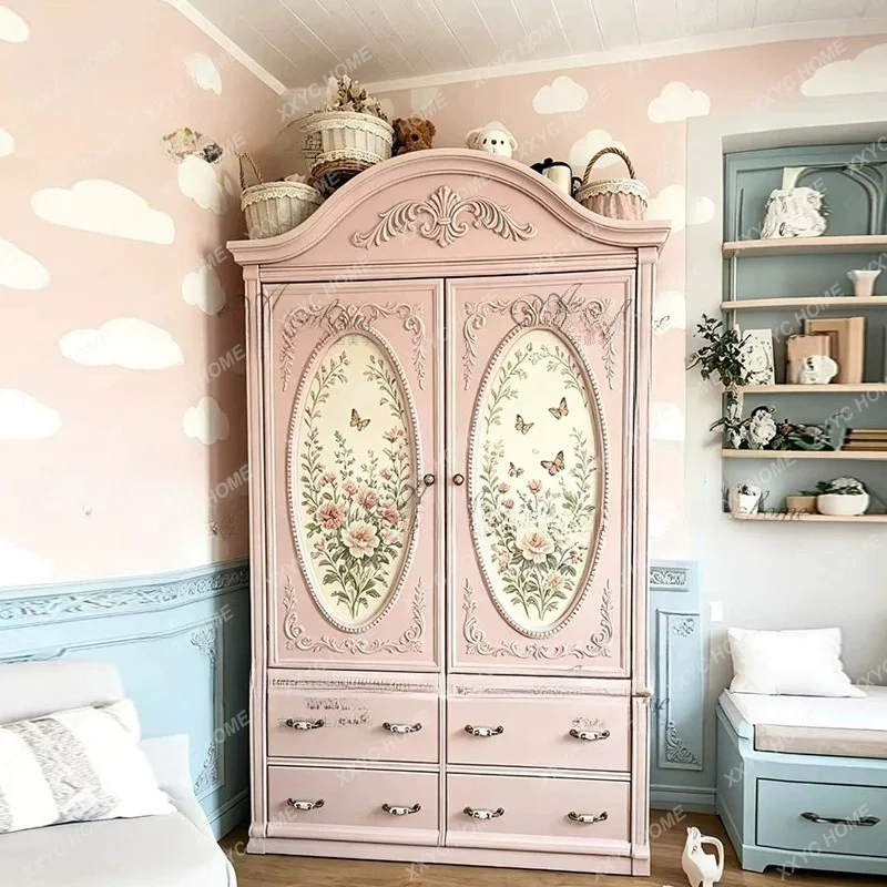 Hand Painted Pink Wardrobe Children Room Carved Design Independent Closet