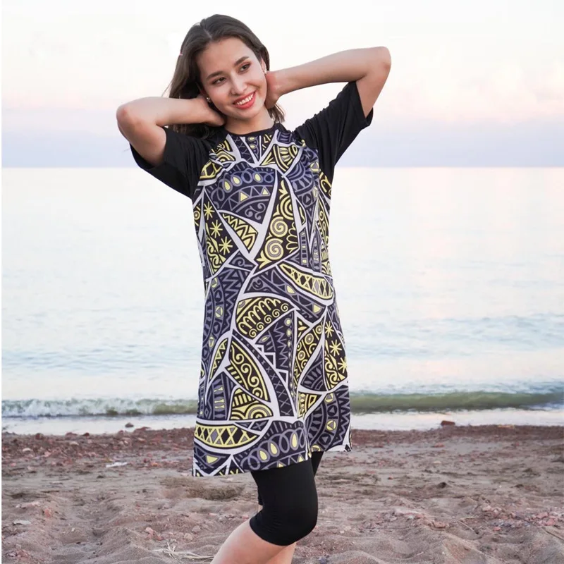 Three-Piece Printed Swimwear Set Short Sleeve Conservative Sun Protection Burkini Chest Cushion Hat Islam Arab Muslim Fashion