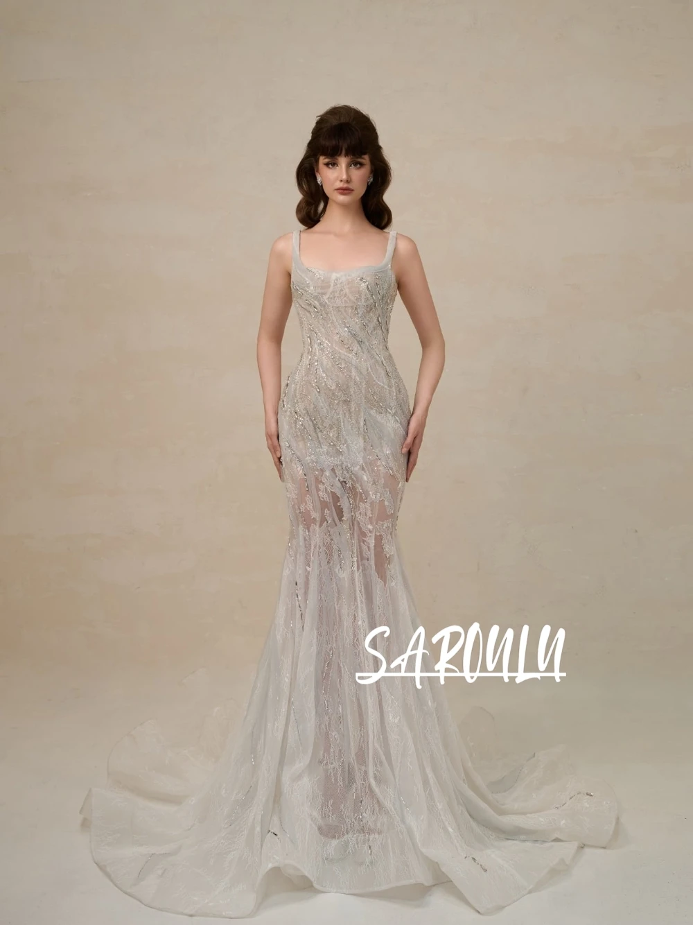

Unique Lace Mermaid Evening Dress Beautiful Illusion Delicate Crystals Square Neck Backless Customized Cocktail Prom Gown