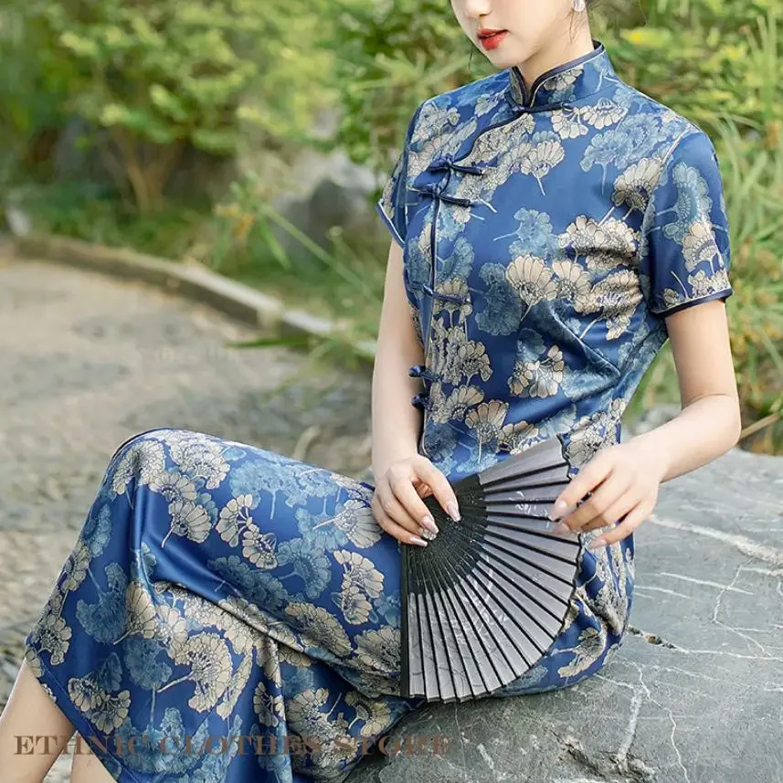 

Vintgae Classic Traditional Chinese Dress PLUS SIZE Female Long Cheongsam Sexy Split Qipao Print Flower Satin Vestidos 4XL 5XL