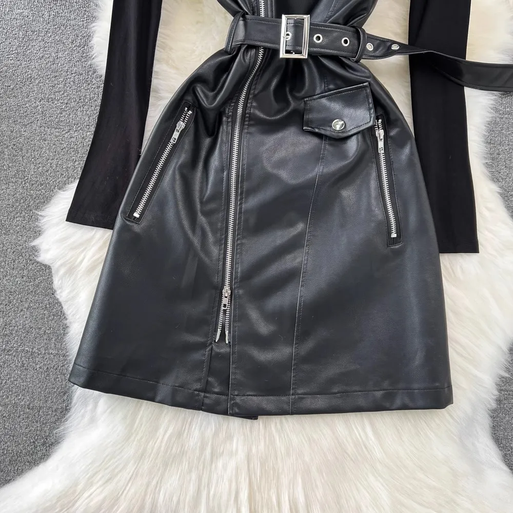 Fashion Two Piece Set PU Leather Dress Women Spring Autumn Spaghetti Strap Mini Dress With Belt Black Sundress Vestidos