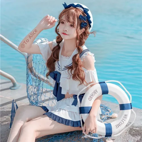 Japanese Style Sailor Collar Swimsuit Female Summer New Cute Hot Spring Student Cute Bow Top Skirt 2 Piece Set Split Swimsuit