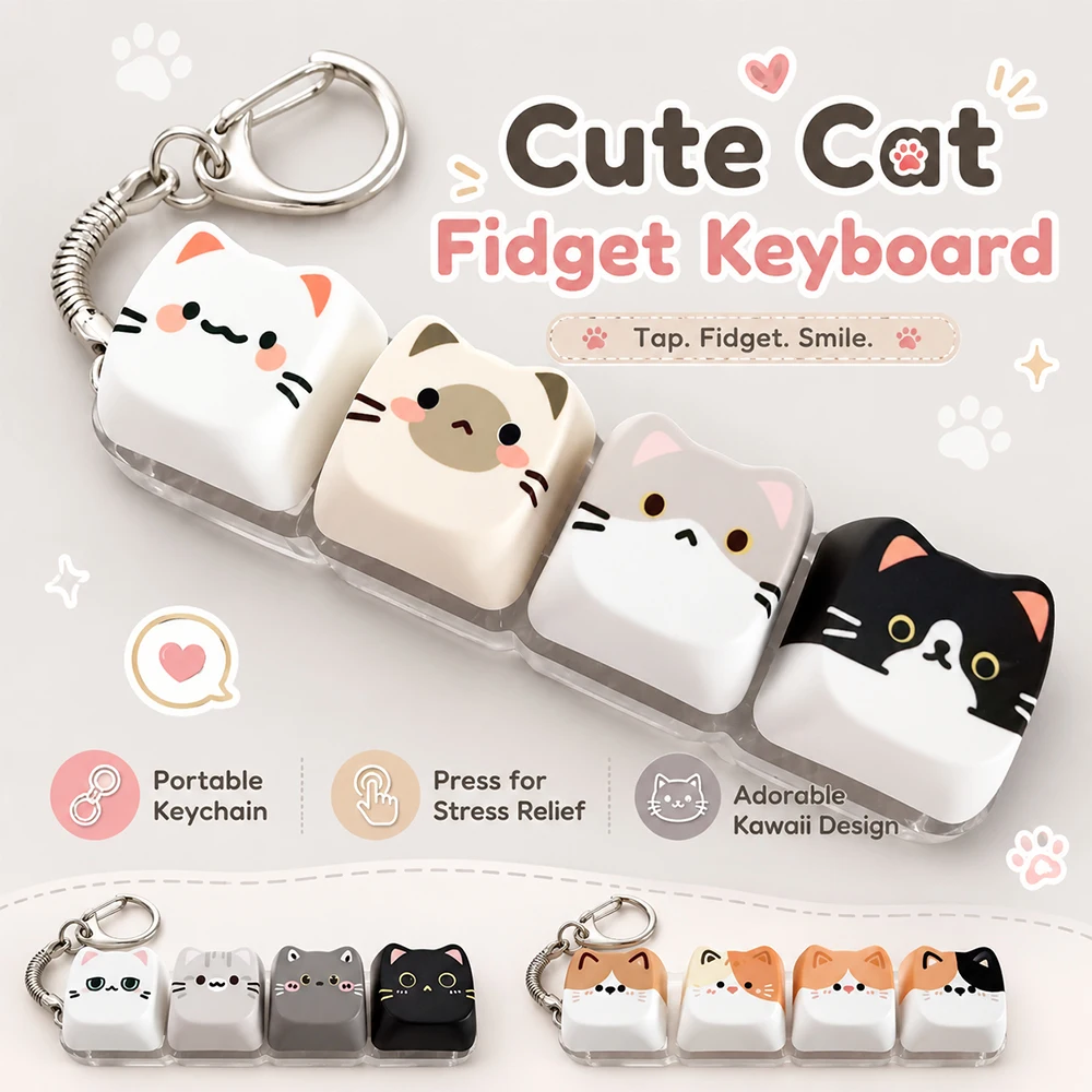 Keycap de Botão Relaxante de Gato Fofo, Brinquedo Anti-stress de Teclado de 4 Teclas com Gato Kawaii para Presente de Amigos, Chaveiro Anti-stress Portátil e Pingente de Bolsa Moderno