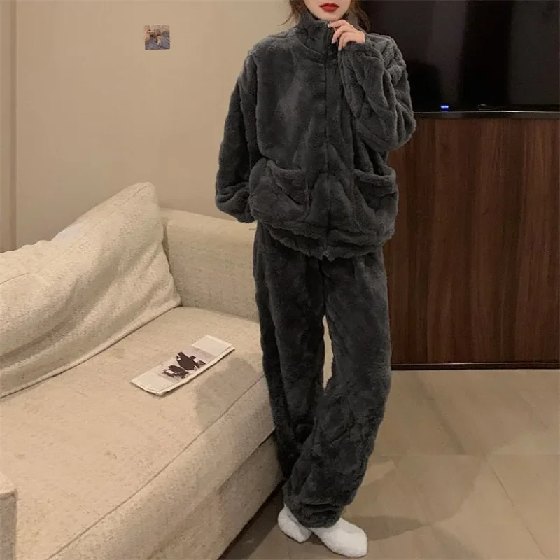 Autumn and Winter Coral Velvet Pajamas for Women Simple and Thick Solid Color Zipper Warm Can Be Worn Flannel Suit Comfort Warm