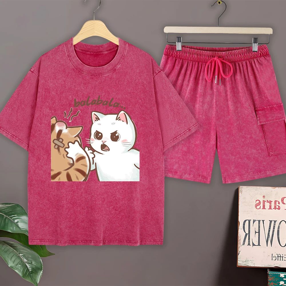 

Набор мужских летних футболок и шорт: футболка оверсайз с принтом «Два кота, спорящие», хлопок, с эффектом потертости, и повседневные шорты карго с коротким рукавом и круглым вырезом