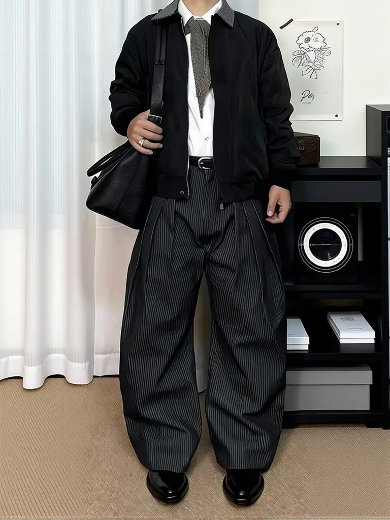 Y2k Vintage Pleated Stripe Wide Leg Pants Men Casual Work wear Cleanfit A Line Dress Pants Old Money Straight Curved Trousers