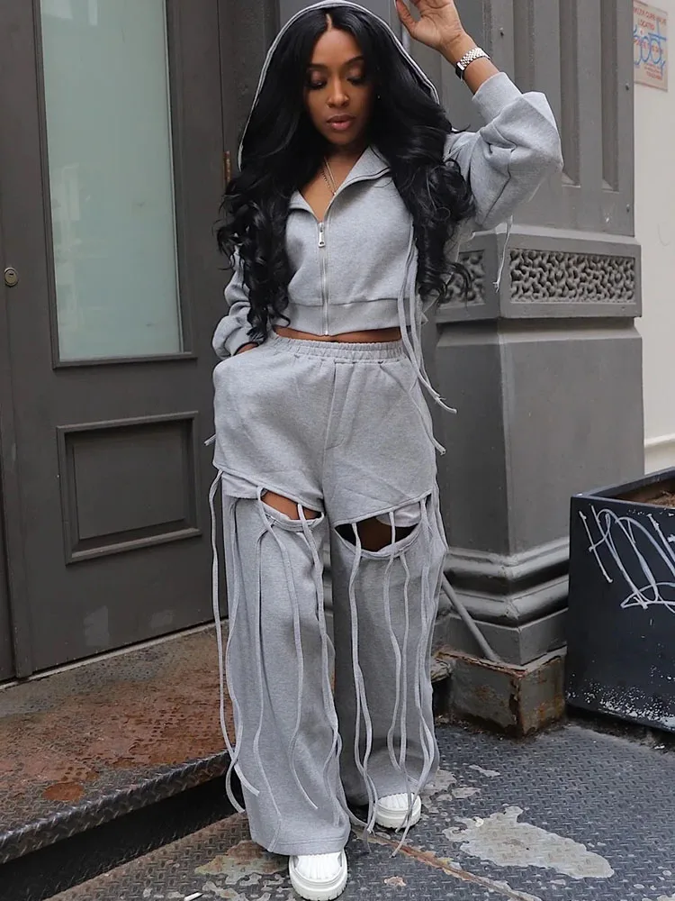 الشارع الشهير قطعتين مجموعة امرأة رياضية ركض تجريب سستة طويلة الأكمام مقنعين سترة ثقب شرابة Sweatpants فرقة الرياضة #2