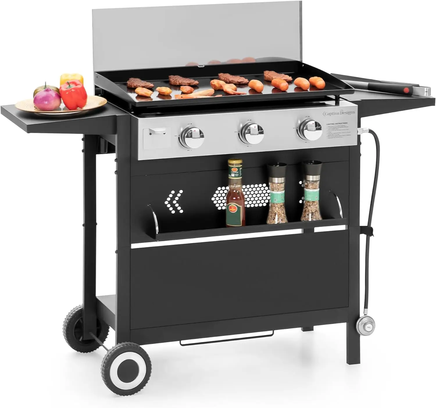 

Captiva Designs Gas Griddle Cooking Station with Ceramic Coated Cast Iron Pan, 3-Burner Flat Top Propane Gas Grill, 33,000 BTU