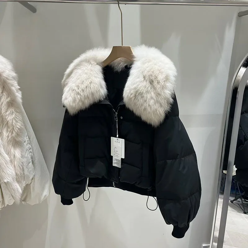 Women's Short Down Jacket with Natural Fox Fur Collar, Casual, Loose-Fitting, Warm Jacket, High-Quality Top, 2026, New Style,