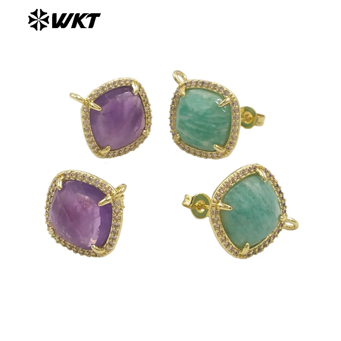 WT-JFE120 Vintage Style Square Shape Amethyst And Amozonite Stone Women Simple Earring Studs Or Jewelry Findings