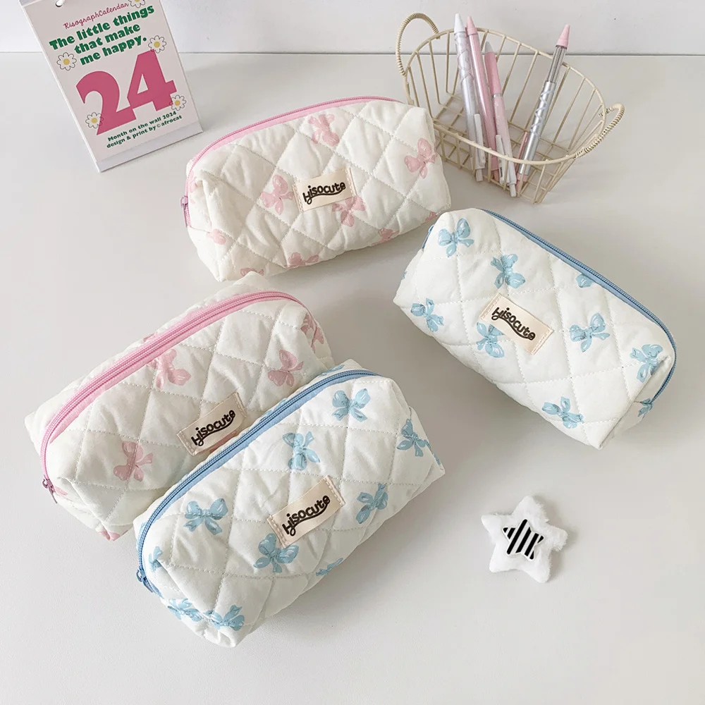 INS Bow Pencil Case Large Capacity Pencil Storage Bag Bowknot Quilting Cotton Cosmetic Bag Stationery Organizer School Supplies