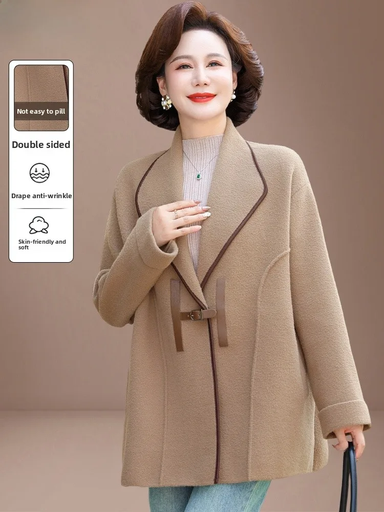 

Модное двустороннее шерстяное пальто для женщин среднего возраста, осенне-зимняя верхняя одежда в корейском стиле, свободный крой, V-образный вырез, на пуговицах