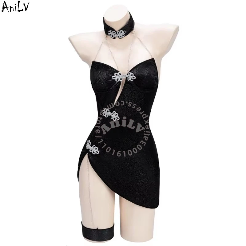 AniLV Anime agente femenino asesino chino Chipao mujeres Cheongsam negro brillante vestido disfraces Cosplay