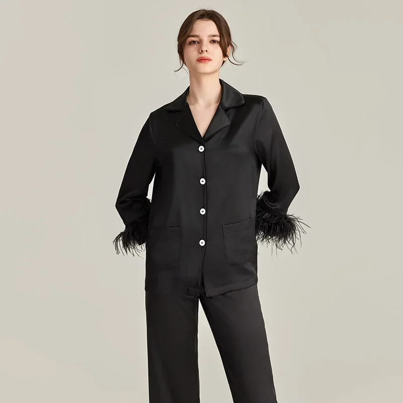 

Lapel 100% Mulberry Silk Women Pijama Sets Sleepwear Long-sleeve Cardigan Pajamas Two Pieces Suit with Detachable Feather Cuff