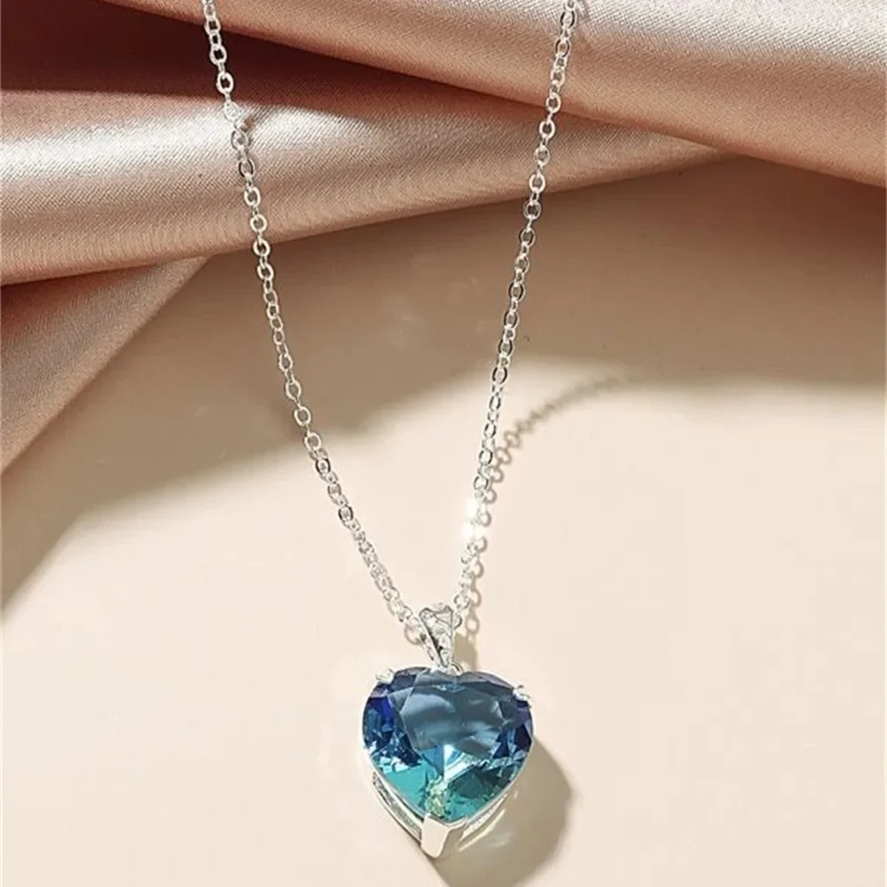 Vintage Simple Fresh Blue Heart-shaped Crystal Pendant Necklace For Women Female Fashion Silver-plate Chain Choker Jewelry Gfit