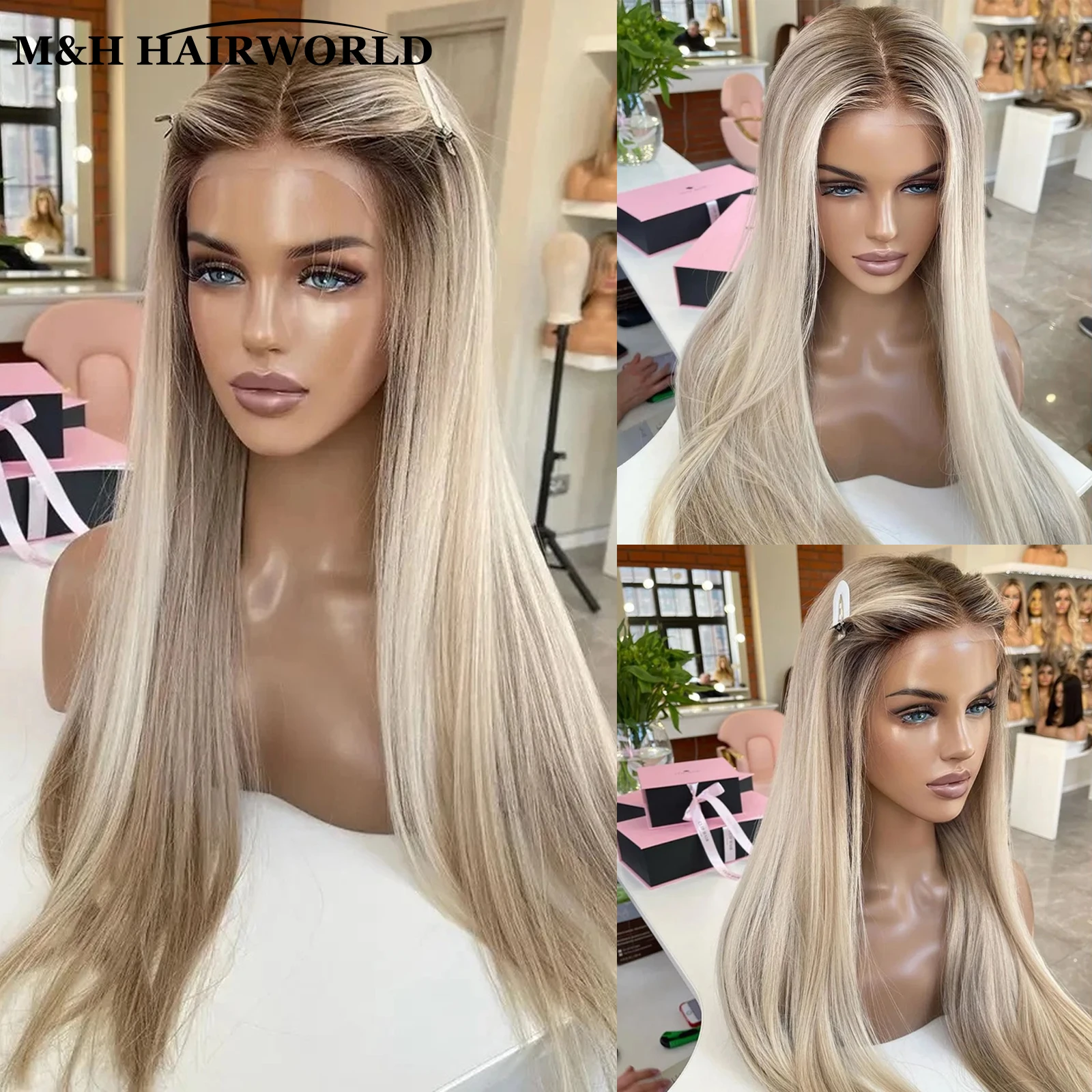 Ash Blonde Highlight Color Short Straight Bob Lace Front Wigs For Women Long Synthetic Hair Wig Dark Roots 13x3 Lace Frontal Wig