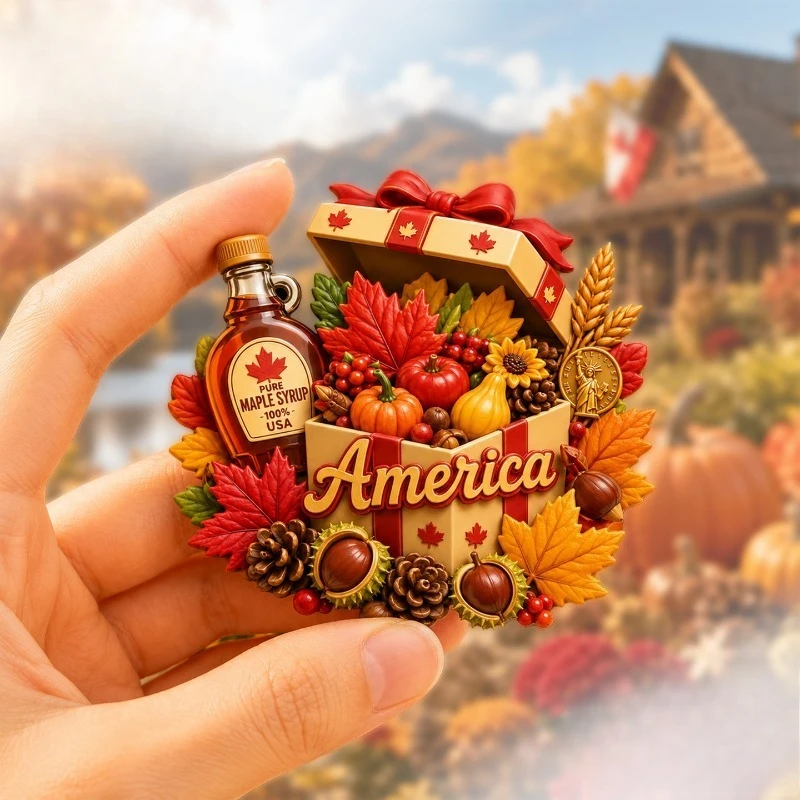 Autumn Harvest Box Fridge Magnet - Warm 3D Seasonal Souvenir Unique American Gift for Fall & Rustic Kitchen Decor