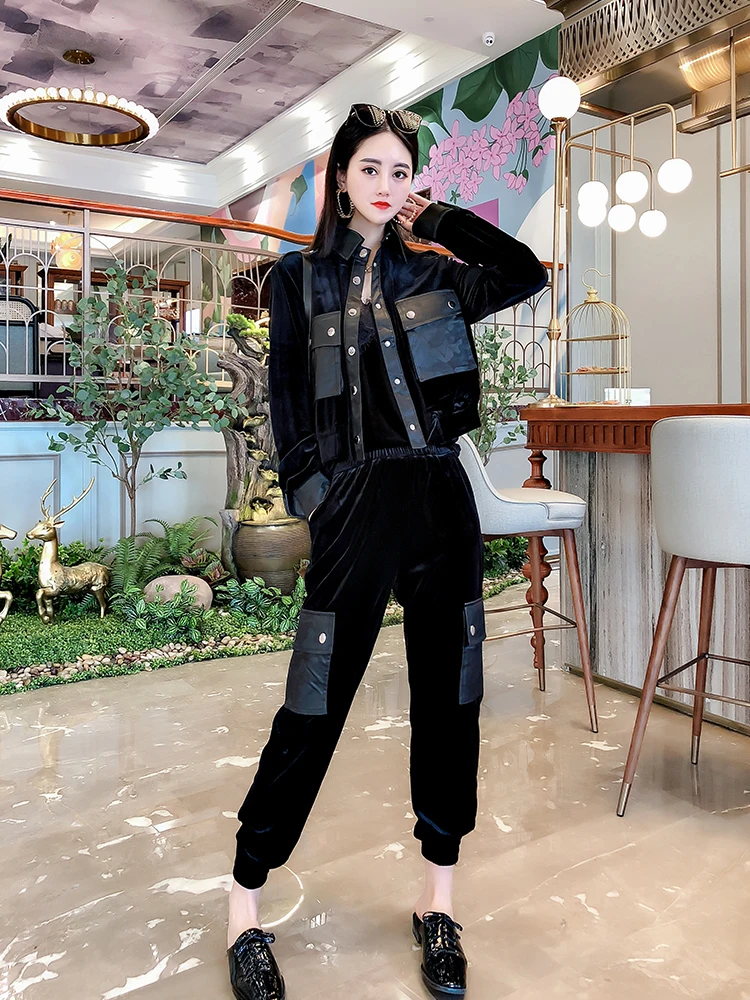 Gold velvet patchwork pu leather fashion suit women's Spring autumn new long-sleeved cost + straight casual pants Two piece sets